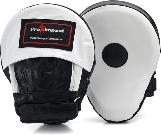 Curved Focus Mitts - Shock Absorbent Training Hand Pads - Ideal for Karate Boxing MMA Muay Thai or Fighting Sports Training Genuine and PU Leather (White Black Genuine Leather)