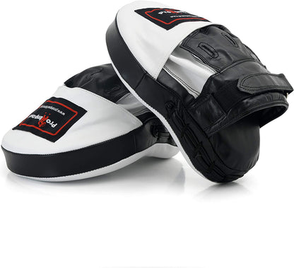 Curved Focus Mitts - Shock Absorbent Training Hand Pads - Ideal for Karate Boxing MMA Muay Thai or Fighting Sports Training Genuine and PU Leather (White Black Genuine Leather)