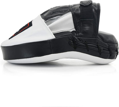 Curved Focus Mitts - Shock Absorbent Training Hand Pads - Ideal for Karate Boxing MMA Muay Thai or Fighting Sports Training Genuine and PU Leather (White Black Genuine Leather)